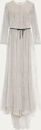 Monique Lhuillier Embellished Tulle Long-Sleeve Illusion Gown