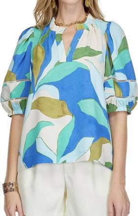 Jade Yoga Tropical Placket Top In Tropical Leaves