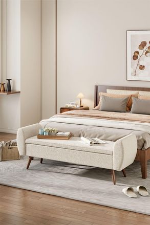 Living and Home Teddy Fur 2-Seat Upholstered Storage Bench with Side Arms and Walnut Colored Legs in Beige
