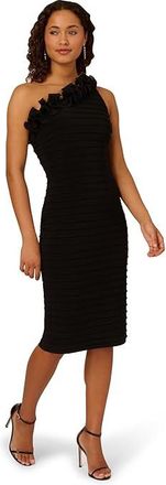 Adrianna Papell Ruffled Neckline Pintuck Dress Womens Dress Black : 16, Elastane/Polyester