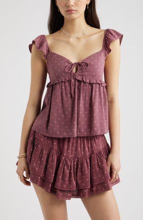 BP. Tie Front Flutter Sleeve Babydoll Top in Burgundy- Pink Kat Dot at Nordstrom, Size Xx-Small