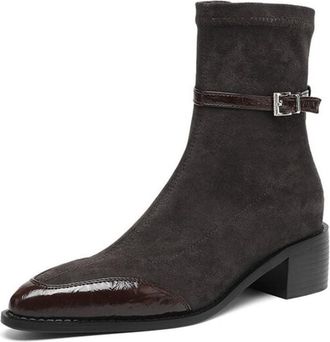 Generic Womens Suede Ankle Boots Pointed Toe Buckle Strap Low Block Heels Side Zipper Soft Upper Cushioned Insole Comfortable Non Slip Wear Resistant Daily Ca