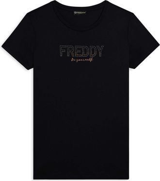Freddy T-shirt donna con mini spacchi laterali e logo in strass