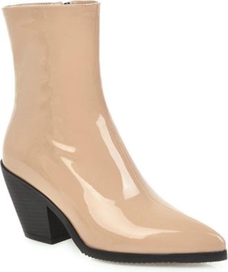 Generic Womens Patent Leather Pointed Toe Cowboy Boots,Mid-Calf Western Style with Block Heel for Work & Casual,Apricot,5.5 UK