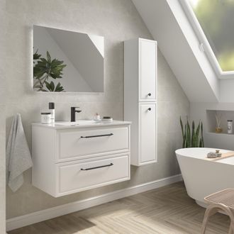 Cygnus Bath Mueble De Ba&ntilde;o Runa 80cm Blanco Mate 2 Cajones Lavabo 1 Poza Porcelana