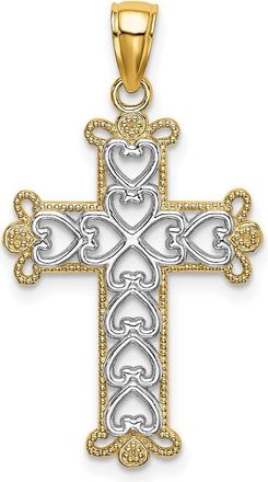 Diamond2Deal 14k Yellow Gold w/Rhodium Polished and Textured Beaded Cross Charm Pendant
