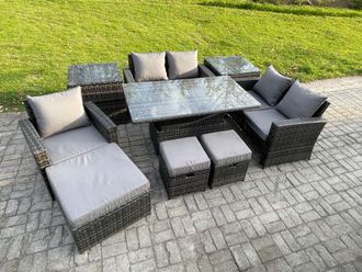 Fimous 8 Seater Outdoor Rattan Patio Furniture Set Garden Height Adjustable Rising Lifting Table Sofa Dining Set with 2 Side Tables 3 Footstools