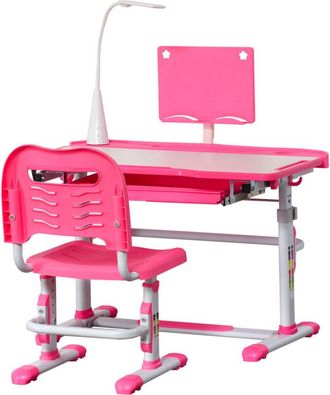 HOMCOM Homcom - Set Banco Scuola per Bambini con Sedia Regolabile, Cassetto e Luce Rosa