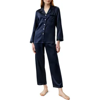 LilySilk Womens Full Length Silk Pajamas Set in Navy Blue at Nordstrom, Size Medium
