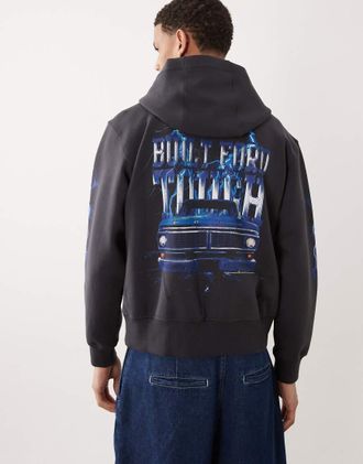 Abercrombie & Fitch YPB Ford - Felpa con cappuccio nero slavato con stampa grafica e zip-Grigio