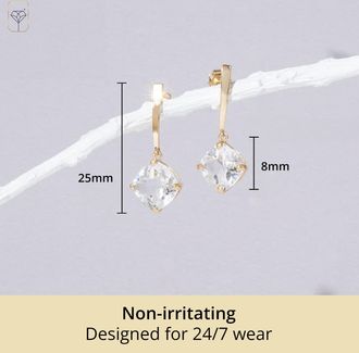MAX + STONE 14k White or Yellow Gold 8mm Solitaire Cushion Cut Gemstone Drop Dangle Earrings