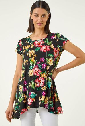 Roman Floral Print Hanky Hem Tunic Top