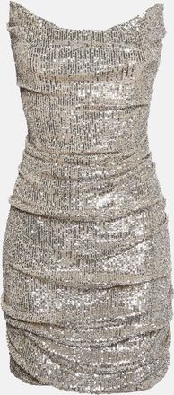 Reem Acra Silver Sequin Ruche Strapless Mini Dress