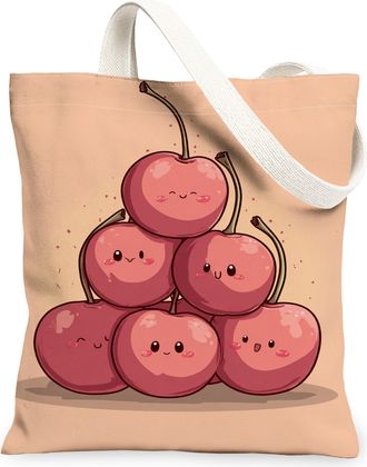 Generic Cute Cherries Canvas Tote Bags, Playful Fruit Pattern Reusable Grocery Bags, Summer Lightweight Washable Shoulder Strap Can, Peach, 13x15 Inch
