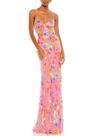 Mac Duggal Embellished Lace Strappy Column Gown in Pink Multi at Nordstrom, Size 10