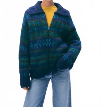 White + Warren Alpaca Blend Fair Isle Bomber Cardigan In Teal Combo