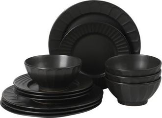Gibson Home Winchester Way 12-Piece Plates and Double Bowls Stoneware Dinnerware Set, Microwave & Dishwasher Safe in Black at Nordstrom