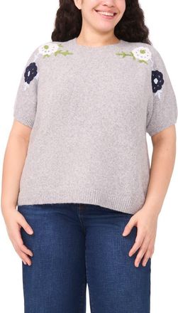 CeCe by Cynthia Steffe Floral Embroidered Short Sleeve Sweater in Silver Heather at Nordstrom, Size 2X