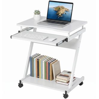 HOMCOM Homcom Mesa De Ordenador Con Ruedas, 60x48 Cm, Con Bandeja Deslizante Para Teclado Y Estante Inferior, Marco Met&aacute;lico En Forma De Z, Blanco
