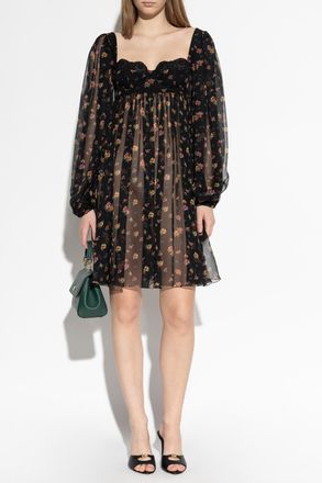 Dolce & Gabbana Silk Dress With Floral Motif, Womens, Black
