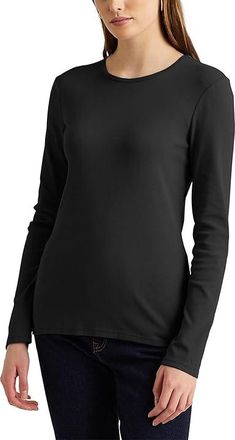 Lauren Ralph Lauren Cotton-Blend Long-Sleeve Top Womens Clothing Polo Black : LG, Cotton/Elastane