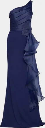 Rene Ruiz Draped One-Shoulder Trumpet Gown