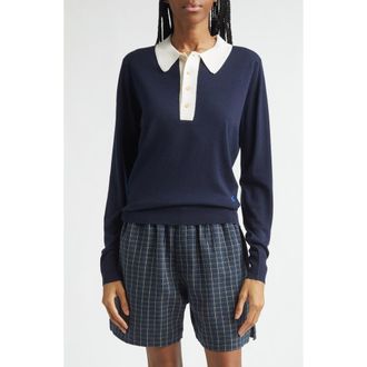 Wales Bonner x John Smedley Two-Tone Long Sleeve Merino Wool Polo Sweater in Navy /Ivory at Nordstrom, Size Xx-Small