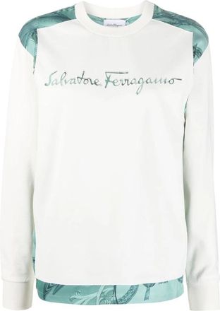 Ferragamo Rondgebreide trui met ronde hals en geborduurd logo - Dames - Sweatshirts - Wit - XS - Katoen - Hoodies & sweatvesten