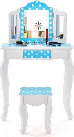 Costway Costway - 2 En 1 Tocador De Maquillaje Ni&ntilde;a Con Taburete, Espejo Tr&iacute;ptico Extra&iacute;ble Y Caj&oacute;n, Juego De Mesa De Princesa Con Escritorio Desmontable (azu