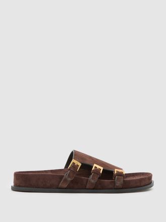 Reiss Chocolate Suede Buckle-strap Slip-on Sandals, X11