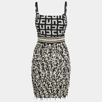 Elisabetta Franchi Monochrome Monogram Tweed Fringed Mini Dress