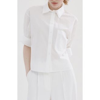 Mango Embellished Faux Pearl Button-Up Shirt in Off White at Nordstrom, Size 8