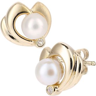 Jewelco London 9ct Gold 2pts Diamond Pearl 5mm Heart Heart Stud Earrings - PE0AXL4010YPRL