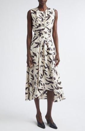 Altuzarra Penny Bird Print Draped Asymmetric Silk Dress in 378172 Tapioca Bird at Nordstrom, Size 12 Us