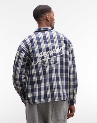Pegador Pegador - Soglio - Camicia oversize in flanella a quadri blu crepuscolare con stampa sul retro
