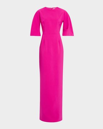Teri Jon Elbow-Sleeve Crepe Column Gown