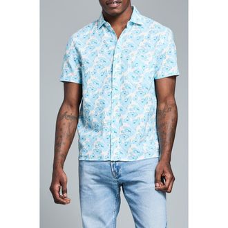 Billy Reid Painted Floral Short Sleeve Cotton Ripstop Button-Up Shirt in Sky Blue Multi at Nordstrom, Size Xx-Large