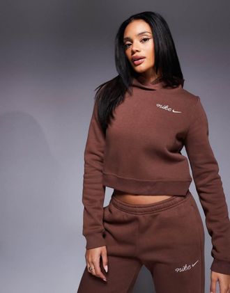 Nike Felpa con cappuccio taglio corto marrone con logo ricamato