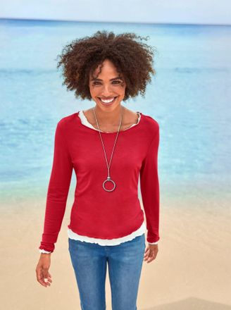 Heine Langarmshirt HEINE Doppelpack Shirts, Damen, Gr. 34, rot (rot, ecru), 95% Viskose, 5% Elasthan, unifarben, Rundhals, Shirts Langarmshirt