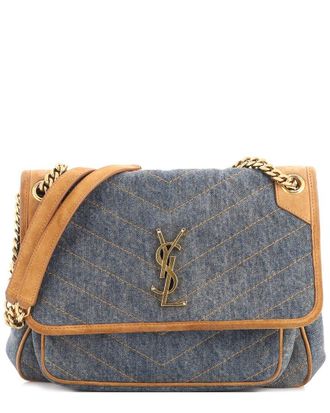 Saint Laurent Blue Matelasse Chevron Denim & Suede Niki Chain Flap Bag Medium (Authentic Pre-Loved)