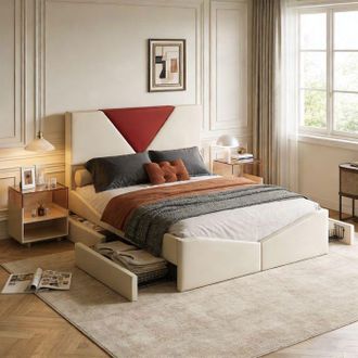 OEM Cama 140x190 Cm Con Almacenamiento - Pocketpop - Terciopelo Blanco Roto - 4 Cajones - Cabecero - Somier De Lamas