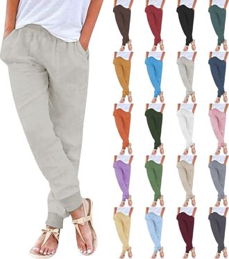 Generic Womens Summer Cotton Linen Pants Drawstring Elasticated Waist Ladies Cropped Trousers with Pockets Solid Color Casual Holiday Lounge Pants Loose Plus 