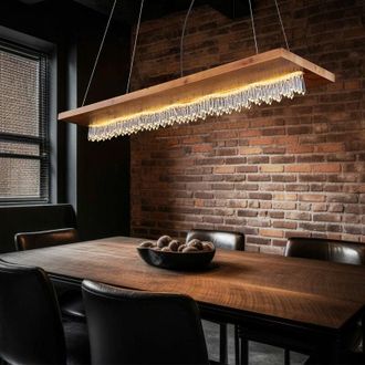 Globo Lighting Lampada a sospensione in legno casa di campagna Lampada a sospensione a led tavolo da pranzo Lampada in legno con tende di cristallo, metallo nero