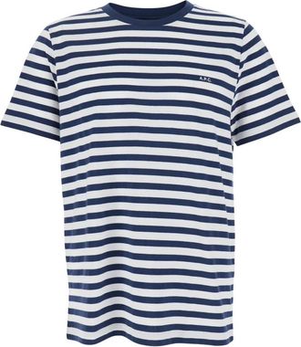 A.P.C. Blauw Gestreept Logo T-Shirt Katoen Man - Heren - T-shirts - Blauw - XL - Katoen - Tops
