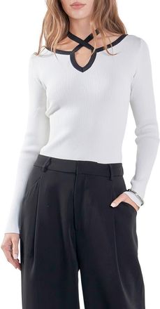 endless rose Cutout Cross Neck Long Sleeve Top in Ivory/Black at Nordstrom, Size X-Small