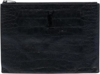 Saint Laurent Pre-owned Croc-Embossed Leather Clutch - Dames - Vintage Clutch - Zwart - ONE Size - Leer - Vintage