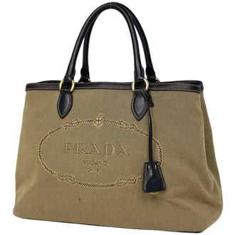 Prada Beige Black Canvas Leather Handbag Tote Bag (Pre-Owned)