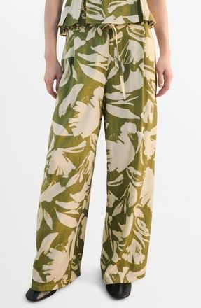 Mango Floral Belted Straight Leg Pants in Green at Nordstrom, Size X-Small