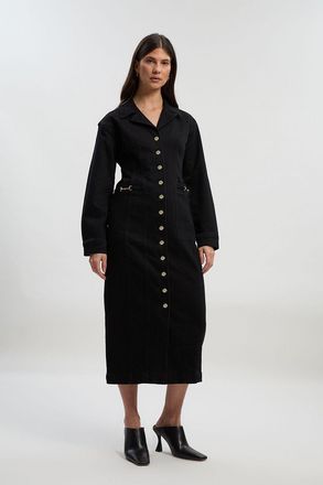 Karen Millen Womens Denim Collared Pencil Midi Dress - Black Cotton - Size 14 UK