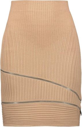 ADĀMO Andrea Adamo Geribbelde Mini Rok met Ritsen - Dames - Korte rokken - Beige - S - Polyester - Rokken